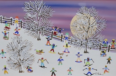 Gordon Barker (b.1960), acrylic on paper, ‘Skiing in the moonlight’, signed, 19 x 29cm. Condition - good